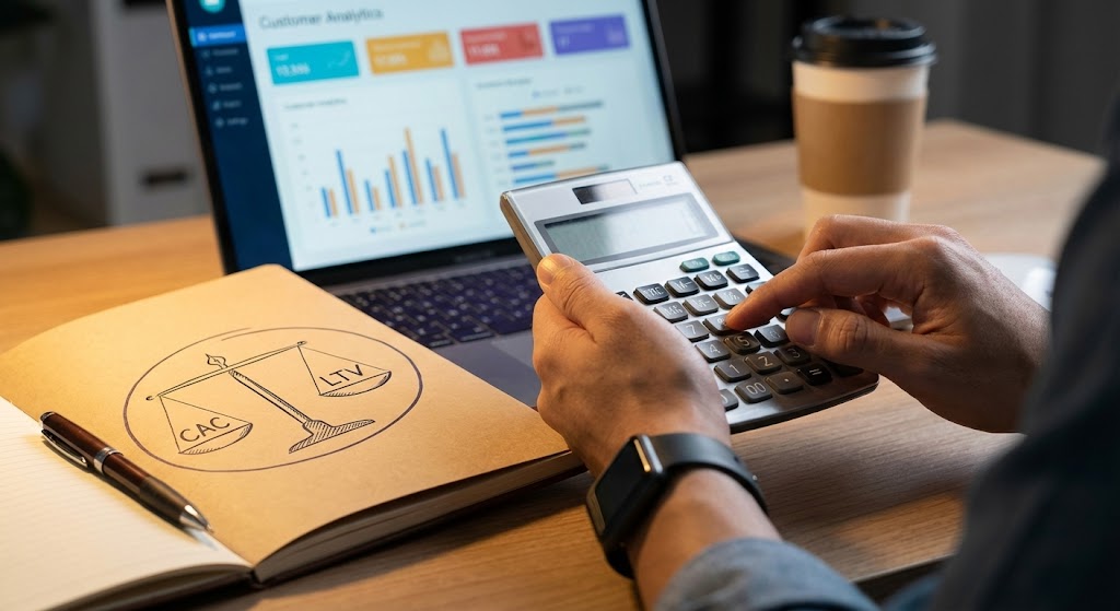 Person using calculator at desk with laptop displaying analytics dashboard, notebook with balance scale sketch